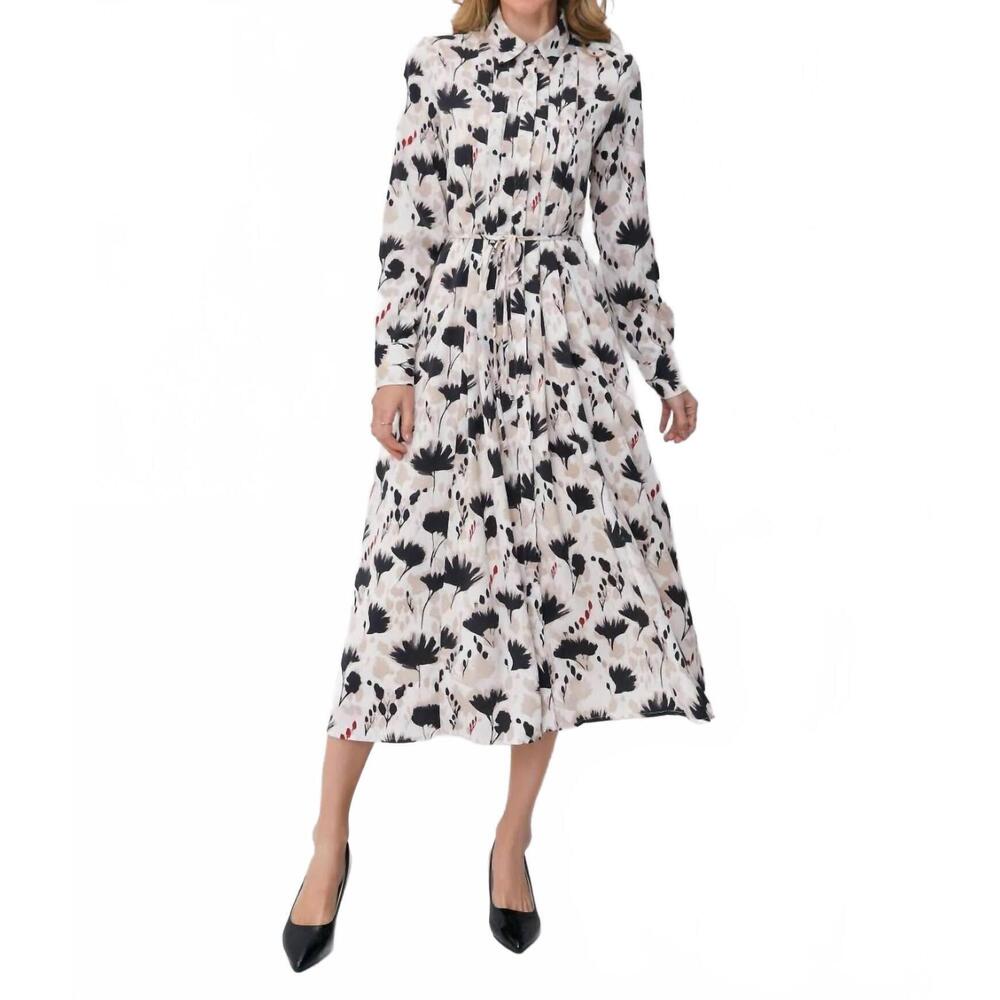 NEW MISS FINCH NYC modest floral midi dress with light front tie in tan